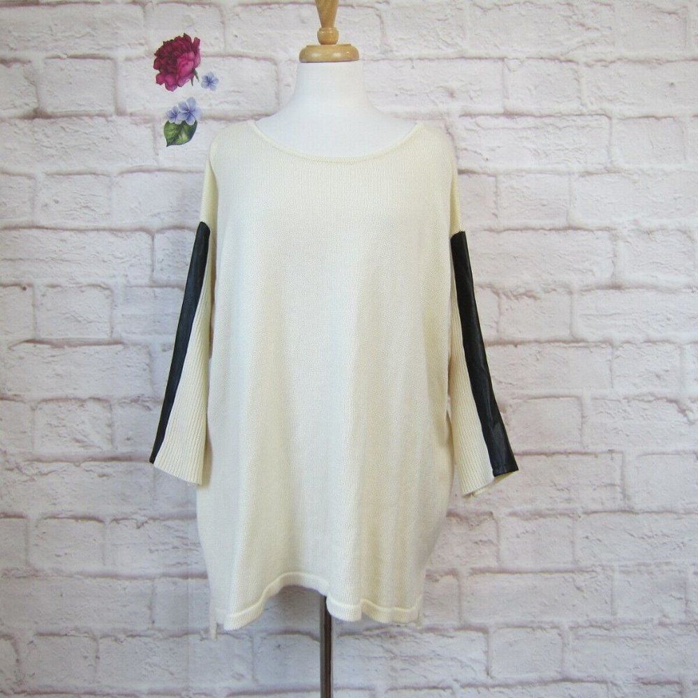 Calvin Klein Women’s Ivory Wool Blend Faux Leather Trim Sweater Size 3X